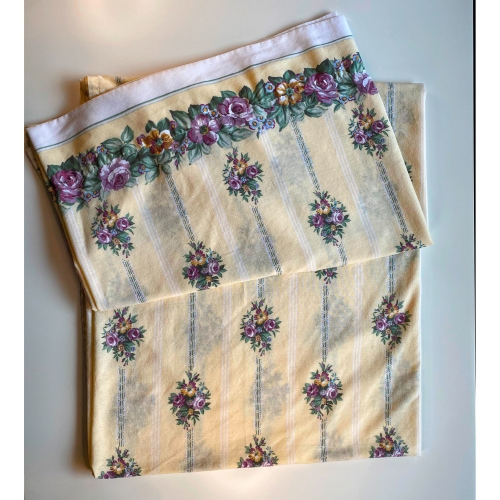 Vtg Westpoint Stevens Queen Set Flat Fitted Sheet Yellow Stripes Purple Flowers